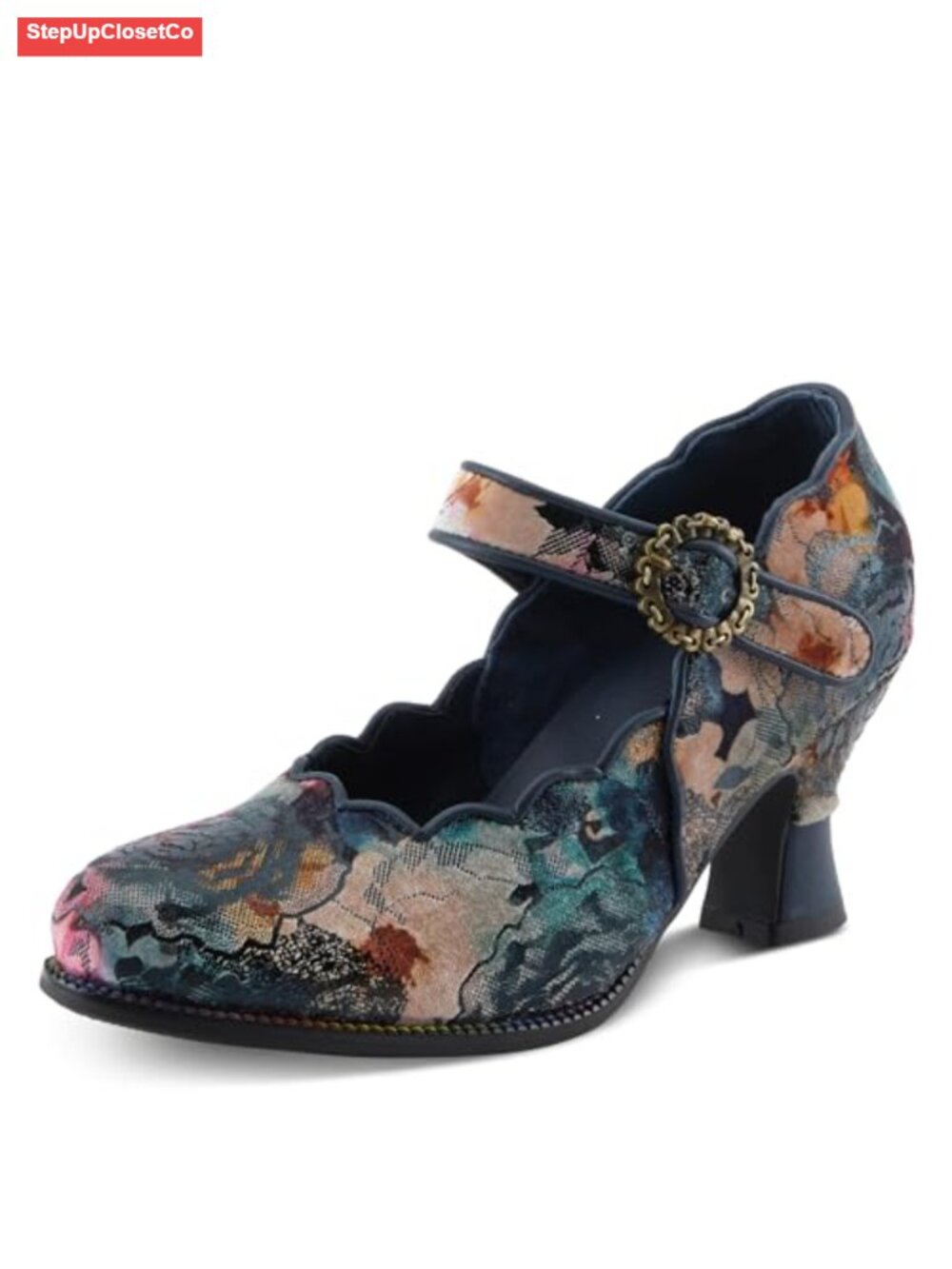 Mary Jane Pump Floral Tapestry Scalloped Hook & Loop Stacked Heel